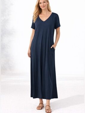 NEW J Jill Knit T Shirt Maxi Dress L V Neck Stretch Minimalist Closet Staple